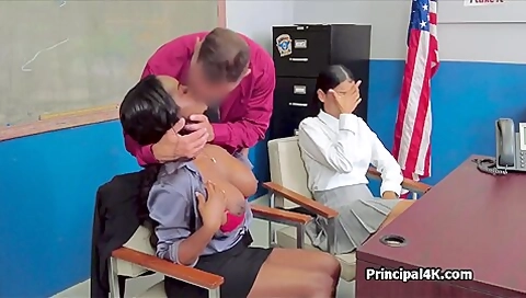 Principal Gets Lucky With Two Ebony Beauties At His Office